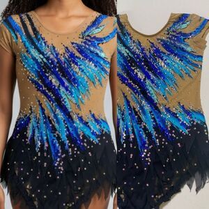Custom solo dance ice skating rhythmic costume blue ombre rhinestoned dress MC